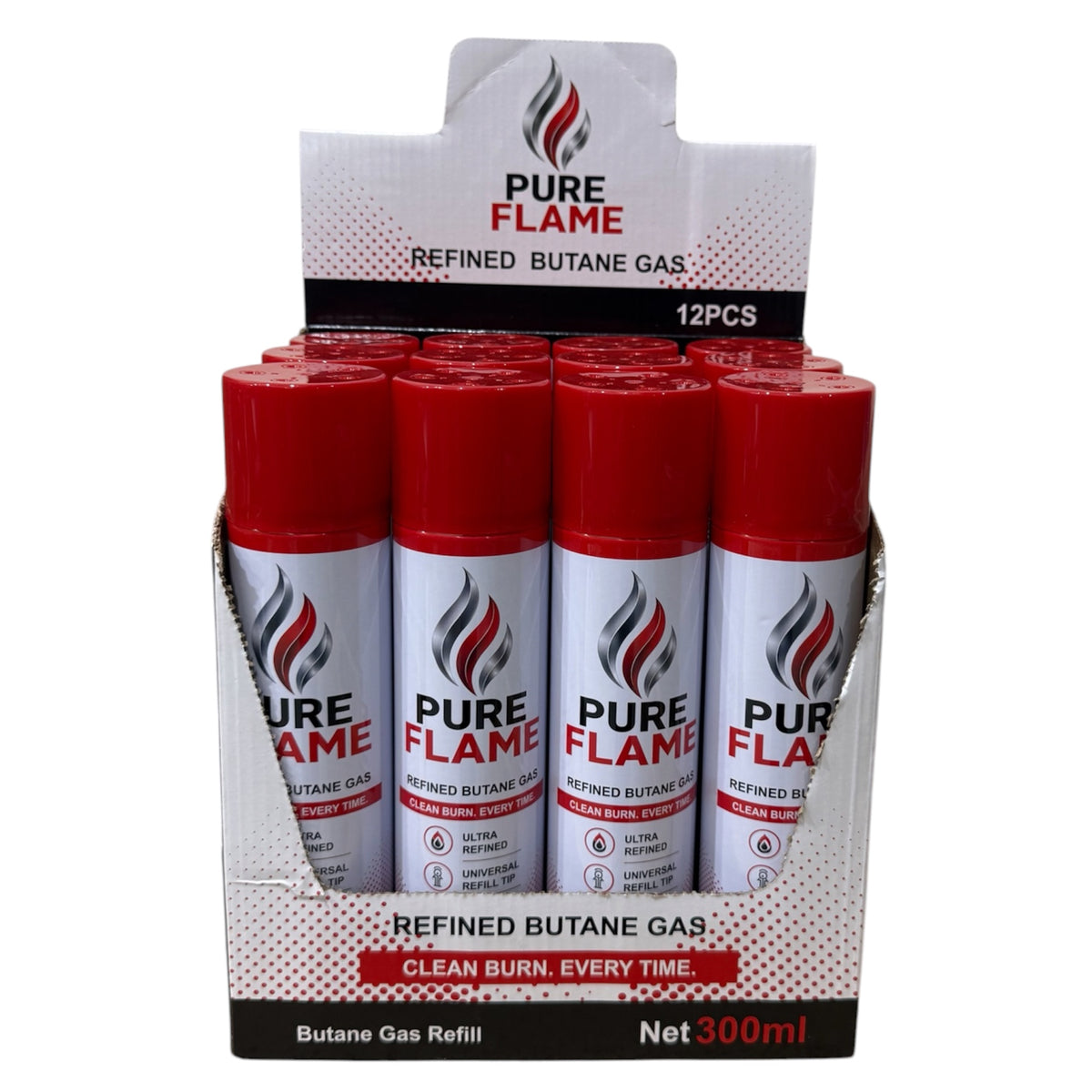 Pure flame butane gas refill 12pk plastic tip